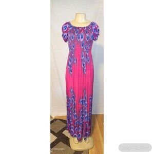 Pink Peacock Feathers Maxi Dress M